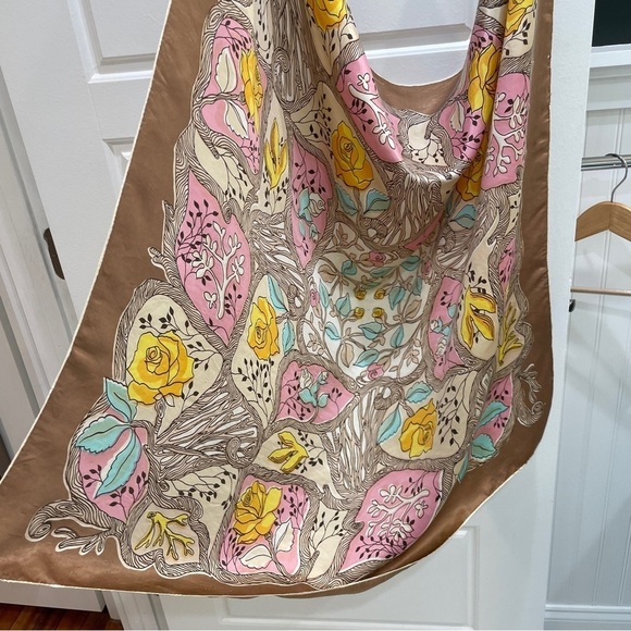 Silky Square Scarf with Yellow Roses & Twiggy Floral Vine Pattern - Picture 5 of 11